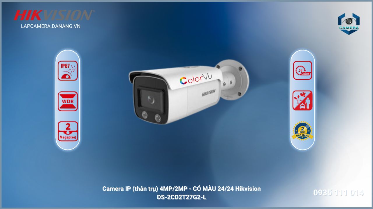 Camera IP (thân trụ) 4MP/2MP - CÓ MÀU 24/24 Hikvision DS-2CD2T27G2-L tại Skytech